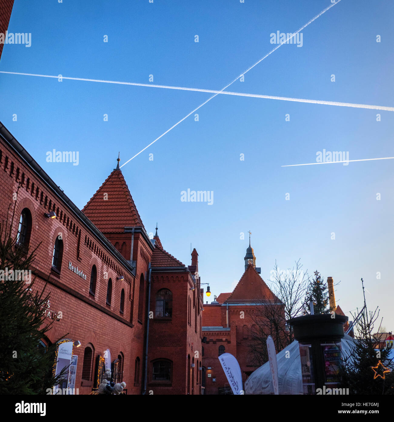 Berlin Christmas market trees at old brewery building, German