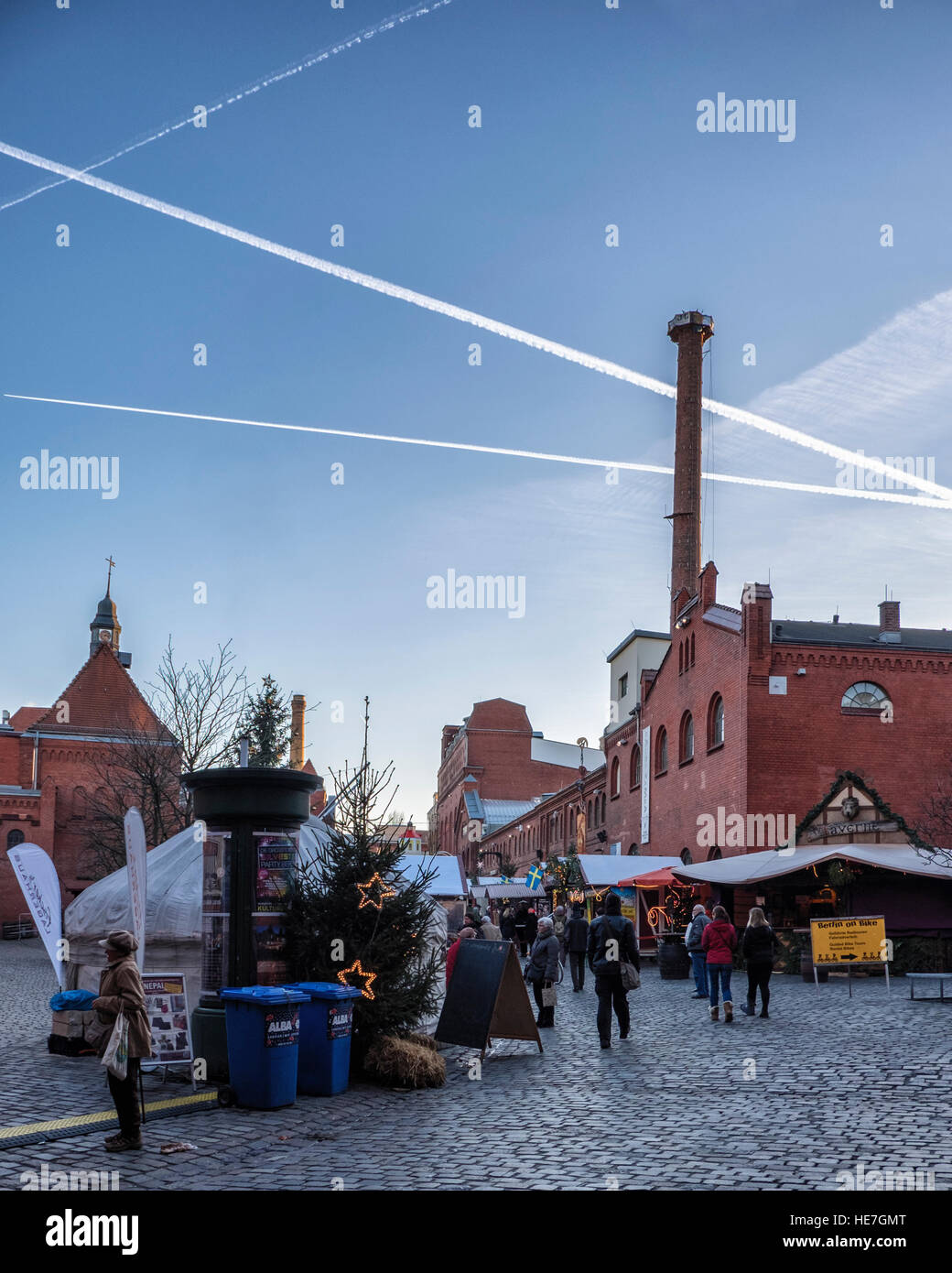 Berlin Christmas market stalls & tree at old brewery, German