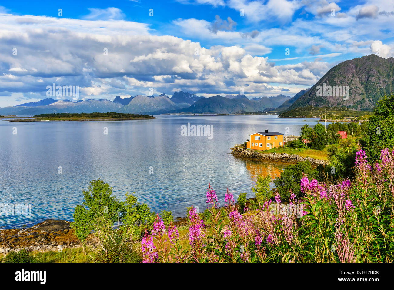 Lofoten islands landscape, Norway. Lofoten archipelago is known for a distinctive scenery with dramatic mountains and peaks Stock Photo