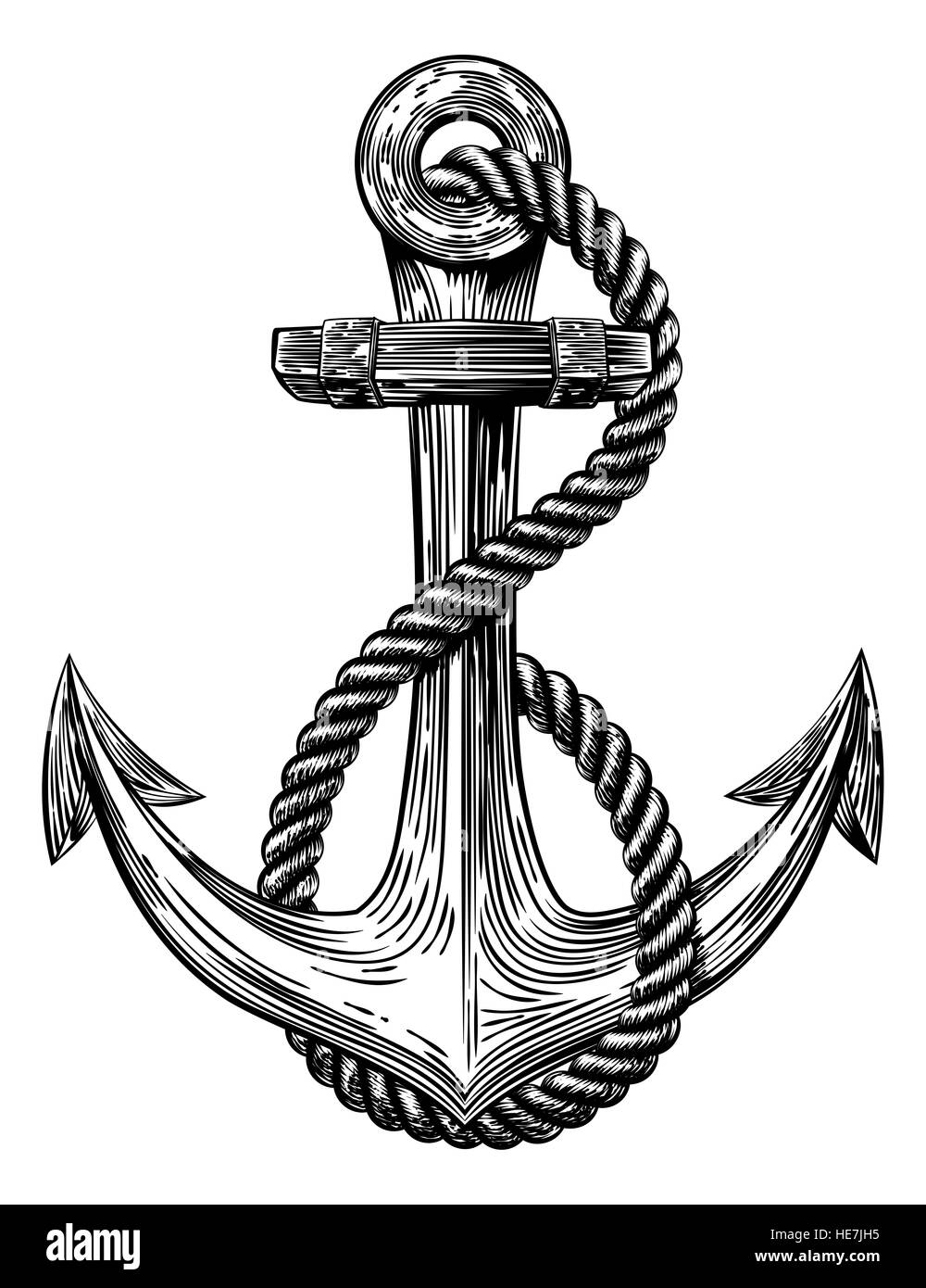 An original  illustration of a ships anchor and rope in a vintage woodcut woodblock style Stock Photo