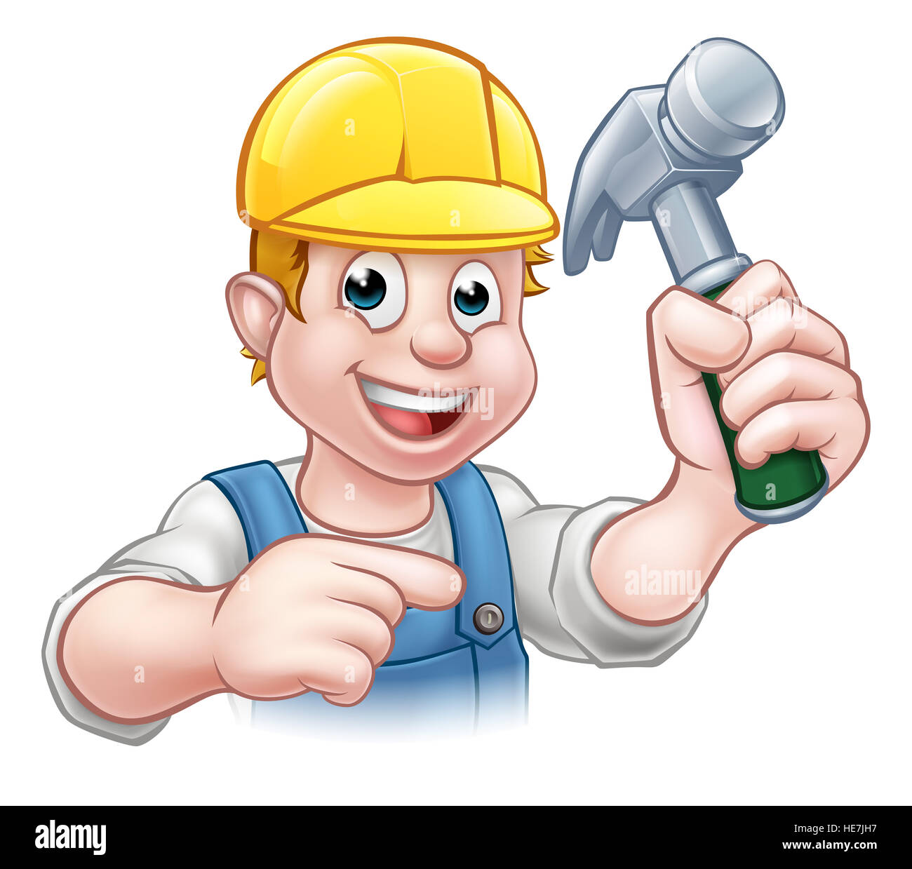 A carpenter handyman in hard hat cartoon character holding a hammer and pointing Stock Photo