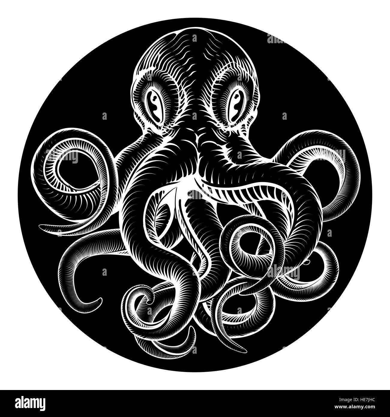 An original octopus or squid tattoo illustration concept design in a retro vintage woodcut engraved etched style Stock Photo