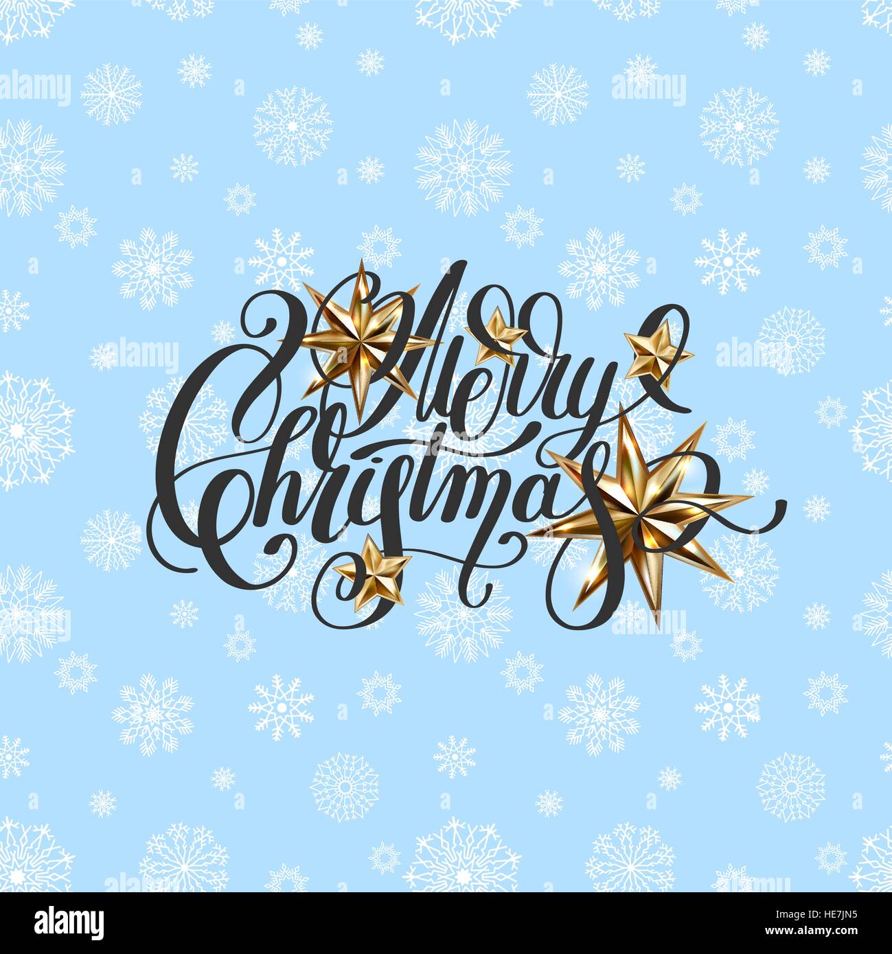 winter design with holiday lights, golden stars and handwritten Stock ...