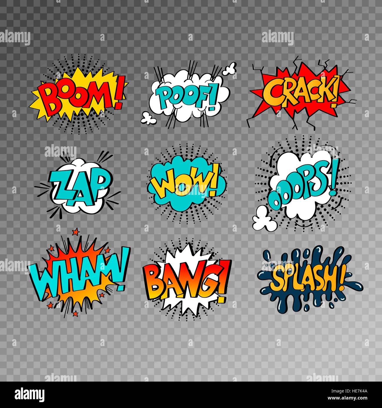 Collection Of Nine Multicolored Comic Sound Effects In Pop Art S Stock
