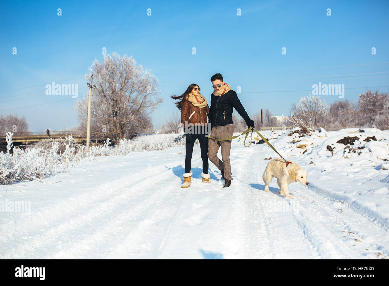 Young couple in love walking with dog Stock Photo - Alamy