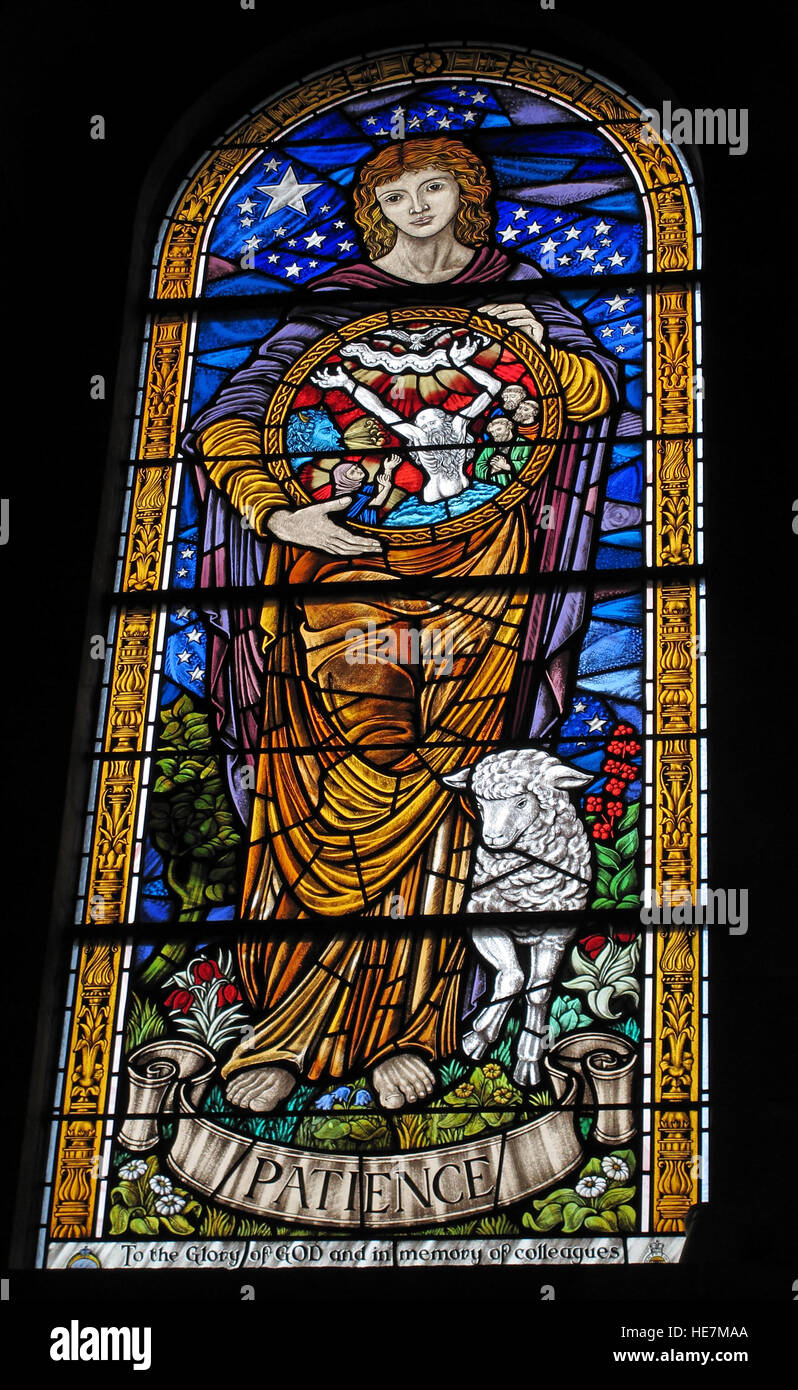 St Annes Belfast Cathedral Interior,Patience stained glass window detail Stock Photo