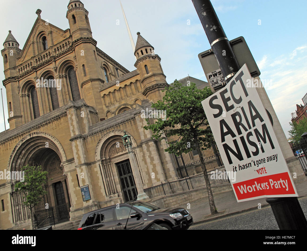 Sectarianism in Belfast sign, Cathedral quarter,City Centre, Northern Ireland, UK Stock Photo