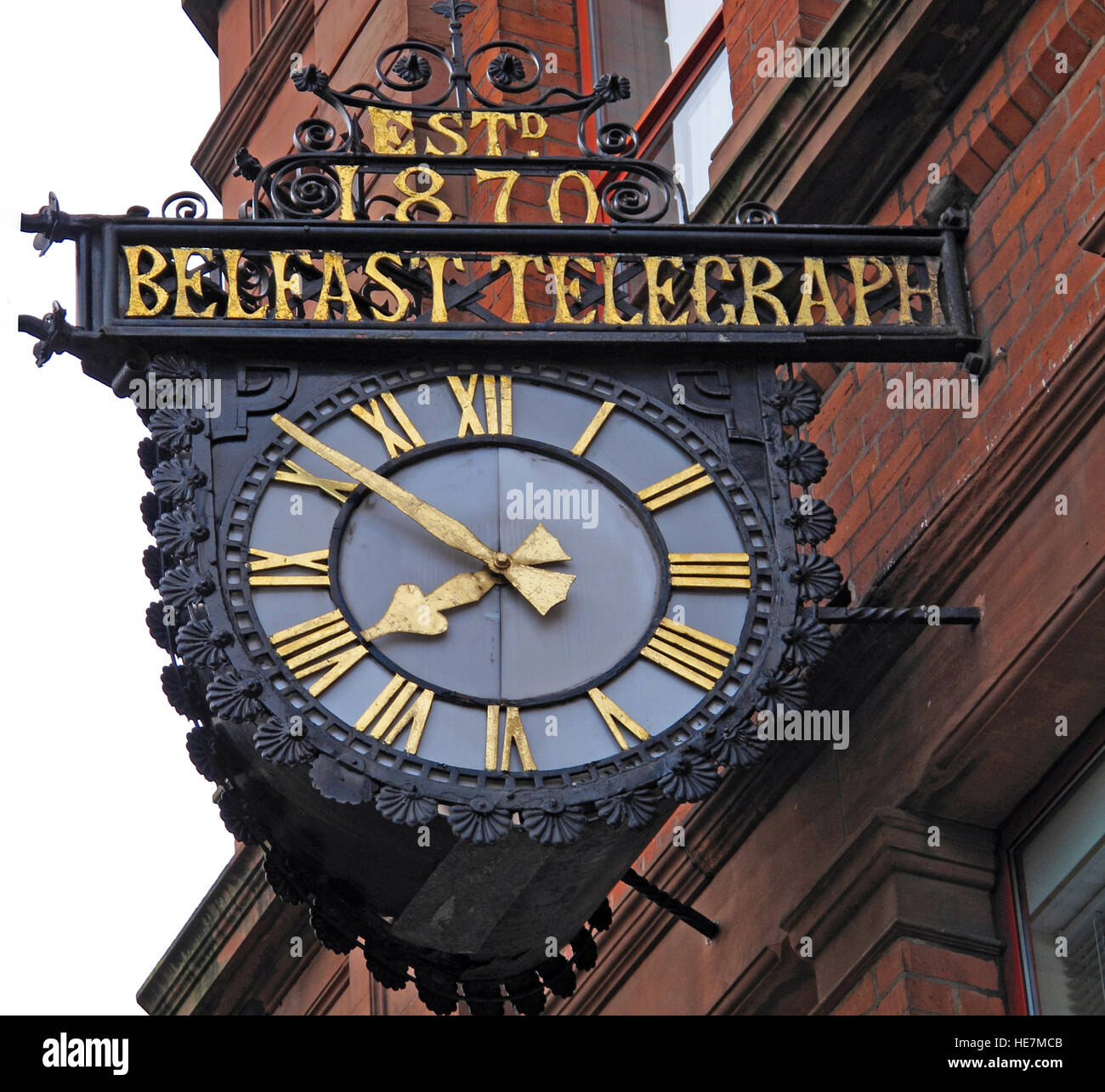 Belfast Telegraph,estd 1870,clock,Belfast Telegraph House,33 Clarendon Road,Belfast, Northern Ireland,UK Stock Photo