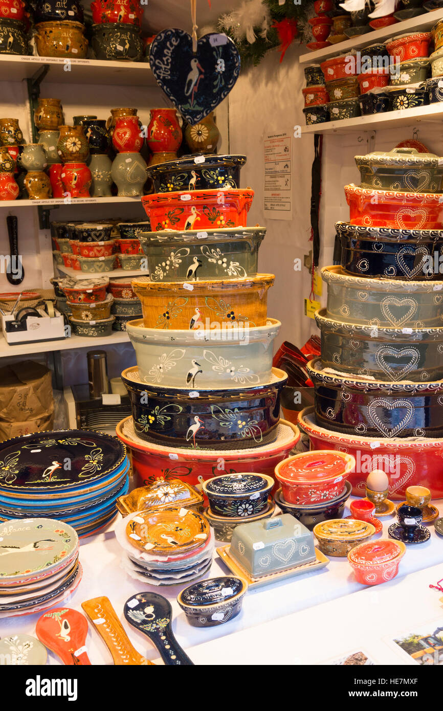 Locally made artisanal pottery on sale at Place Broglie Christmas Market, Strasbourg Stock Photo