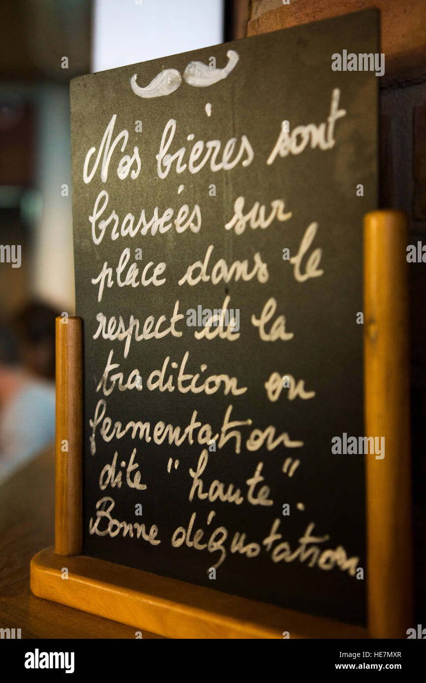 A chalk board at Au Brasseur, Strasbourg, advertising that the beers are brewed on the premises Stock Photo