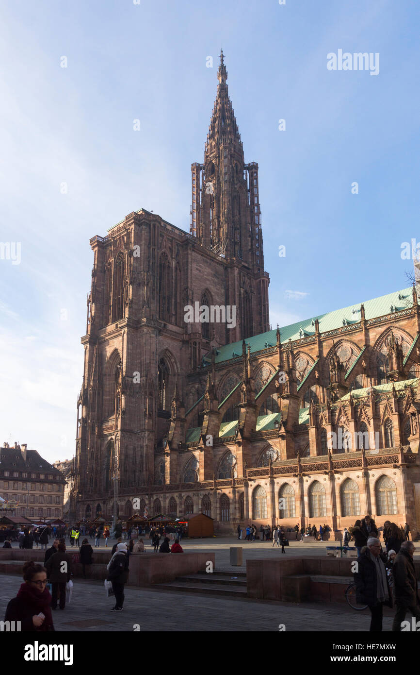The southern façade of Strasbourg cathedral viewed from Place du Château Stock Photo