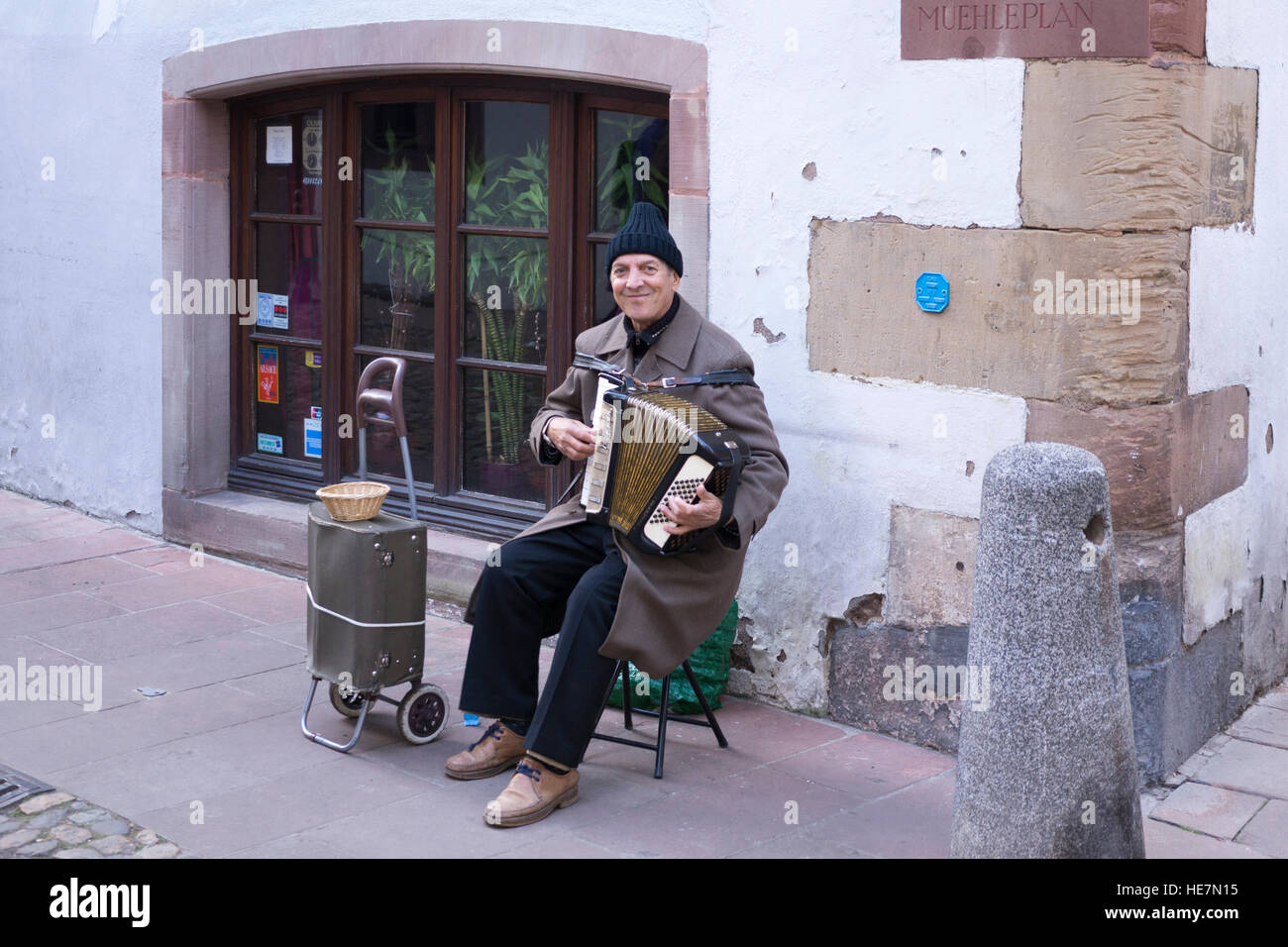 An accordionist playing in Petite France, Strasbourg Stock Photo