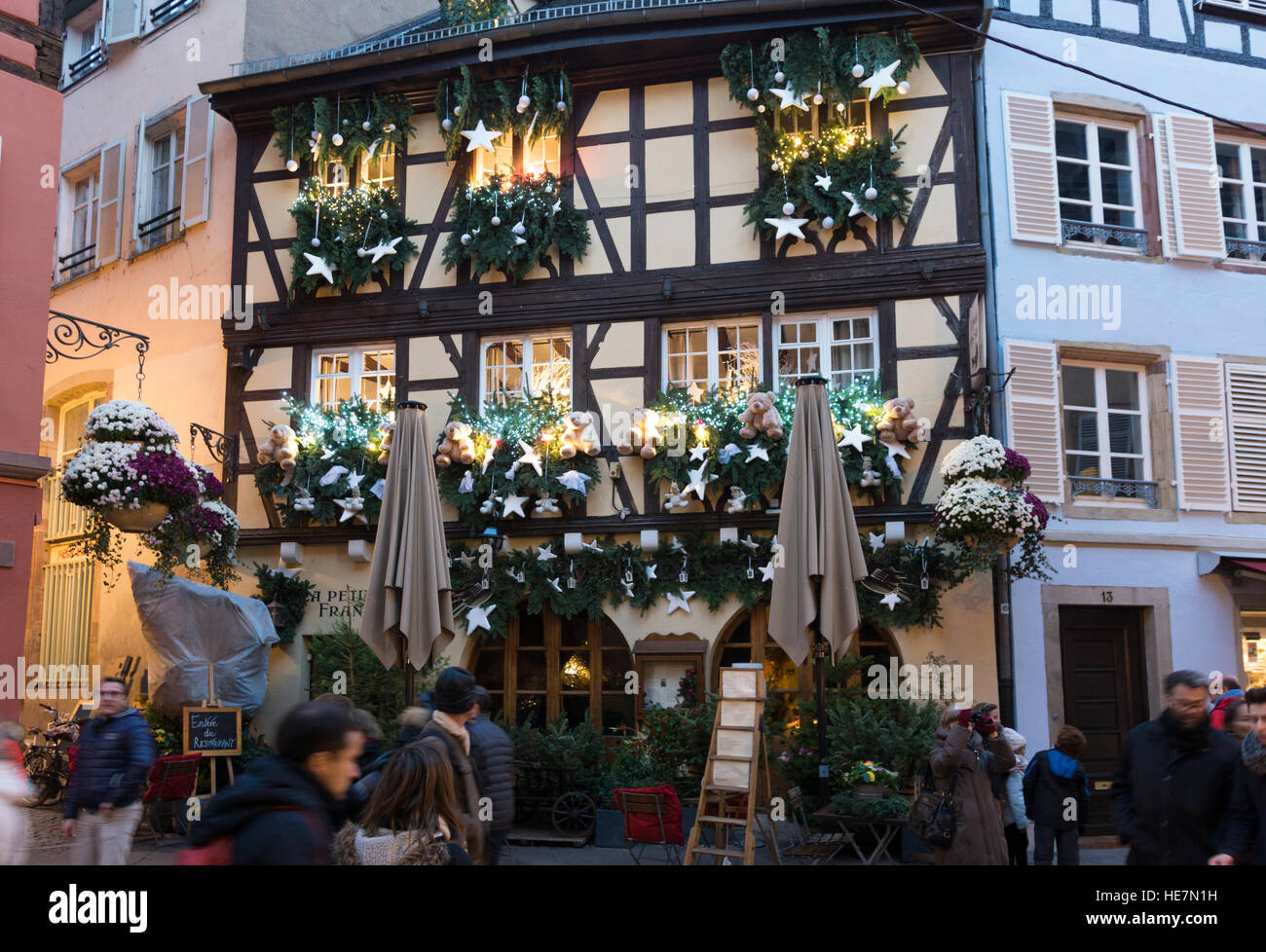 L'eveil des Sens restaurant at Christmas in Petite France, Strasbourg Stock Photo