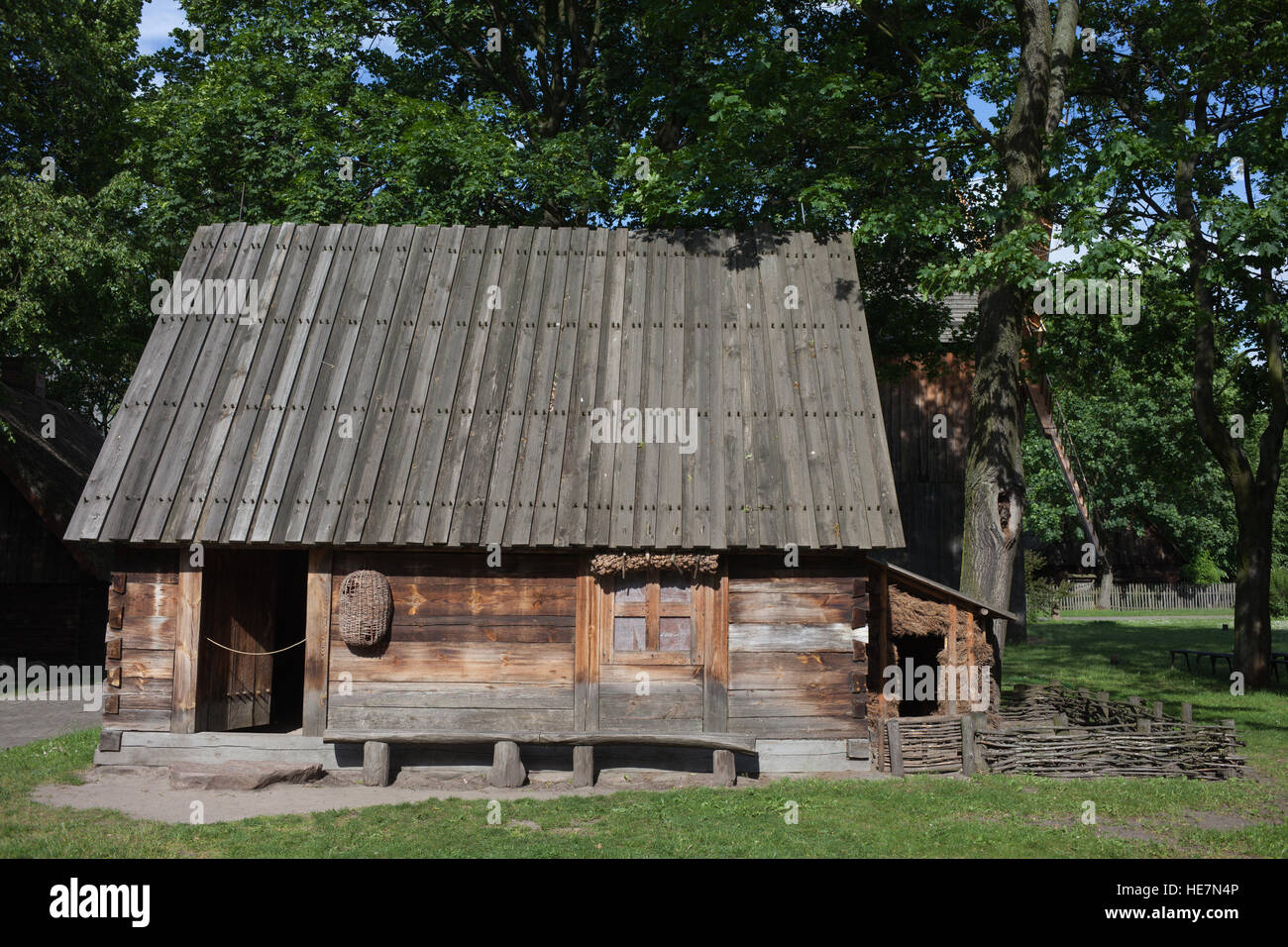 The chimneyless cabin, second half of the XIX century in Ethnographic Museum in Torun, Poland Stock Photo