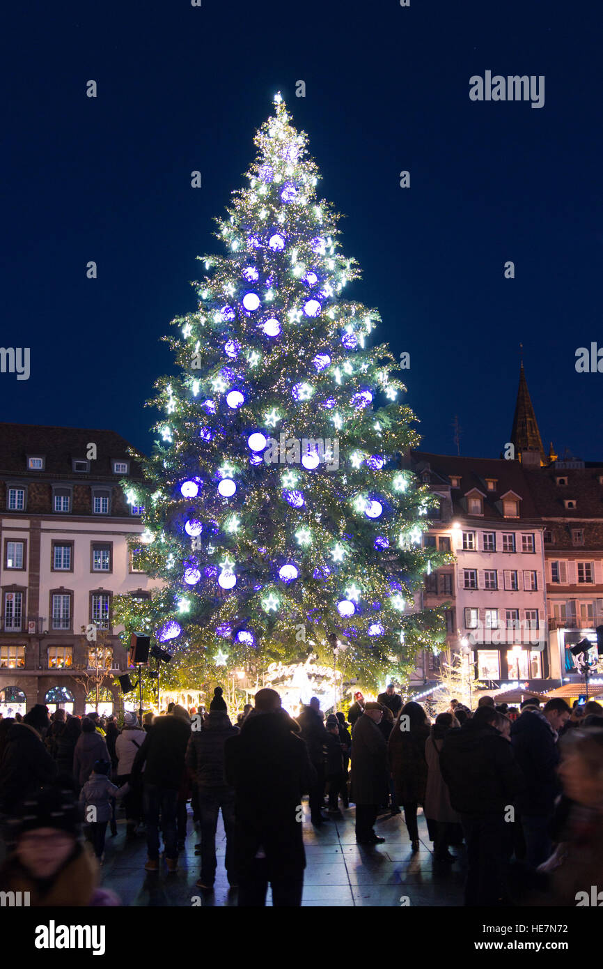 The giant Christmas tree in Place Kléber square during Christmas time, Strasbourg, France Stock Photo