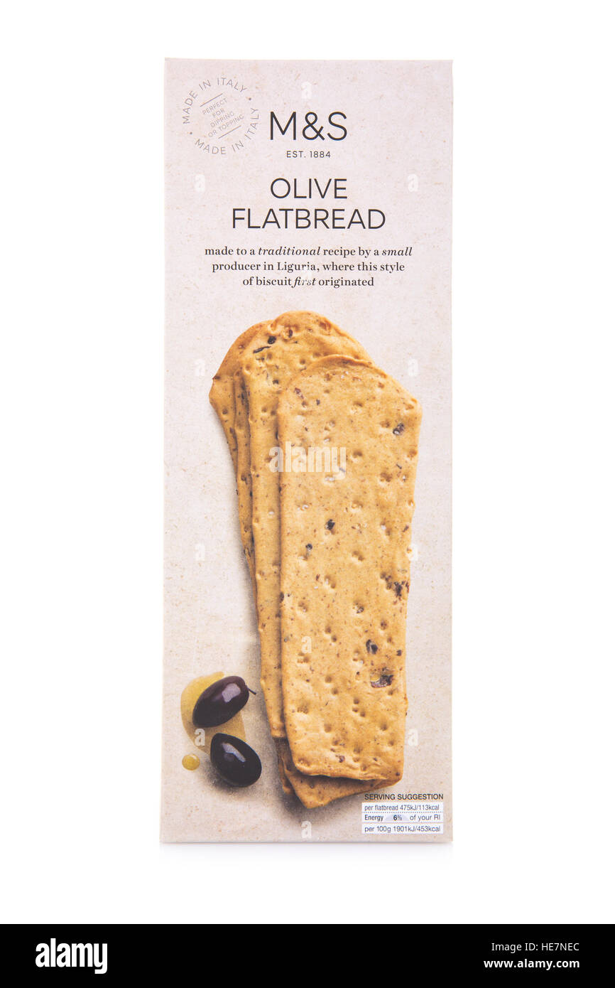 Marks And Spencer Olive Flatbread on a white background Stock Photo