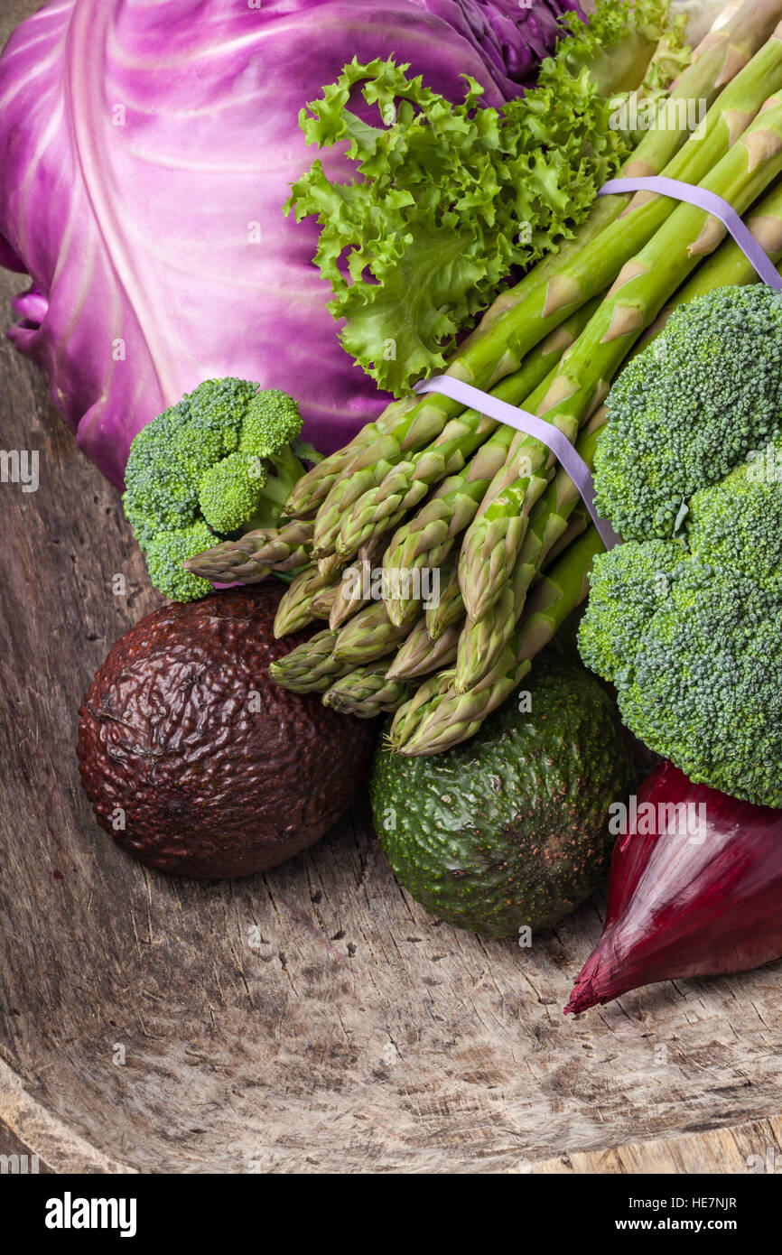 Bunch of fresh vegetables: asparagus,salad,broccoli and cabbage Stock Photo