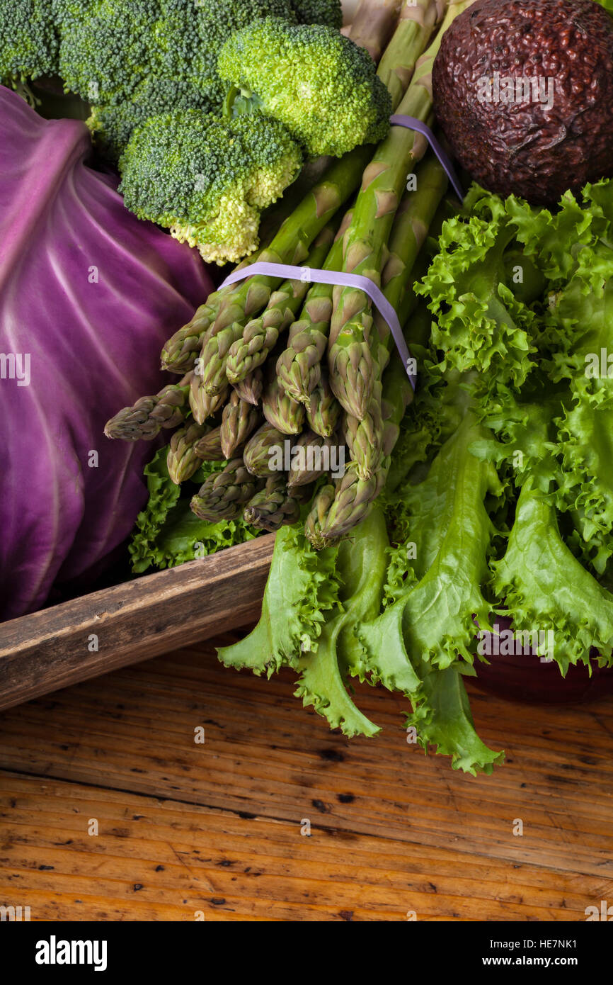 Bunch of fresh vegetables: asparagus,salad,broccoli and cabbage. Stock Photo