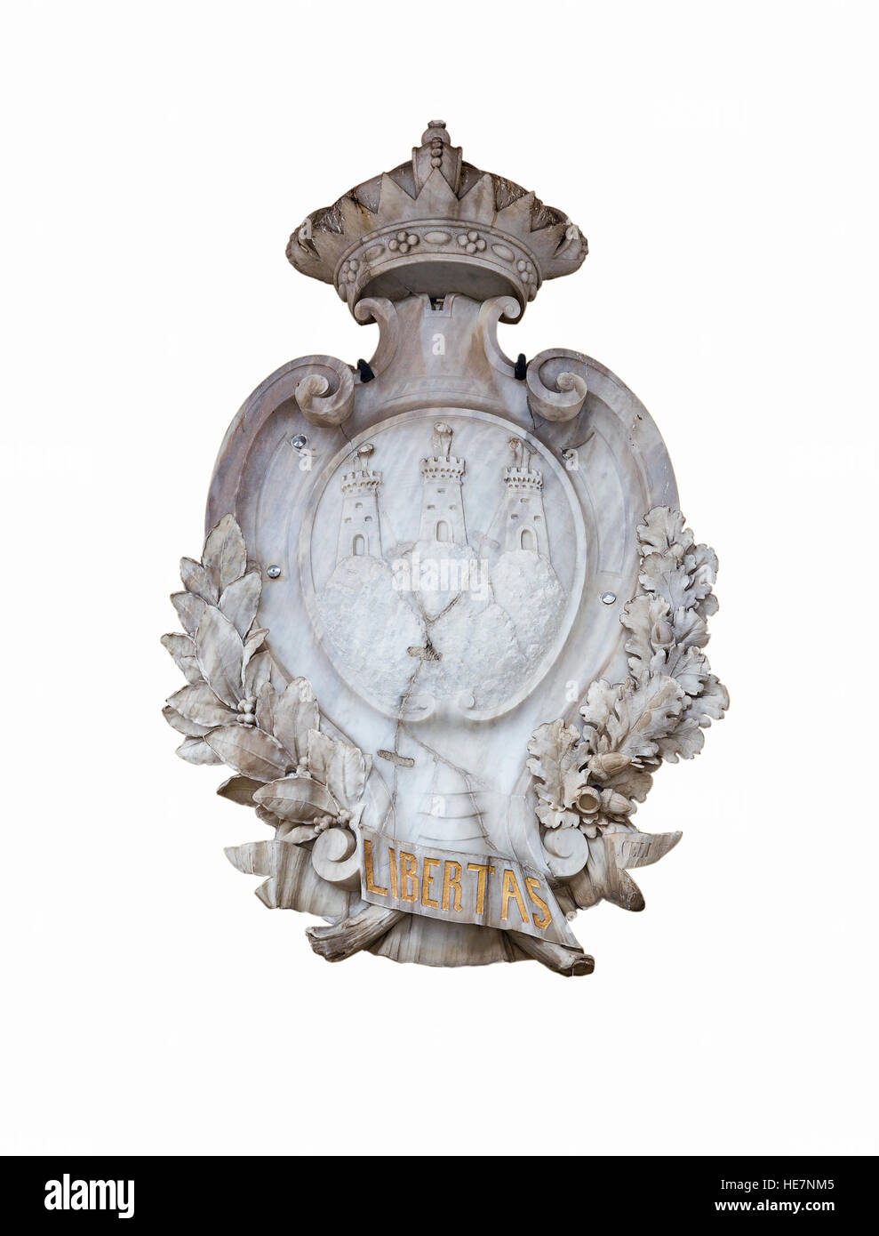 San Marino stone Coat of Arms closeup isolated on white background. From the wall of Basilica di San Marino, built in neoclassical style. Stock Photo