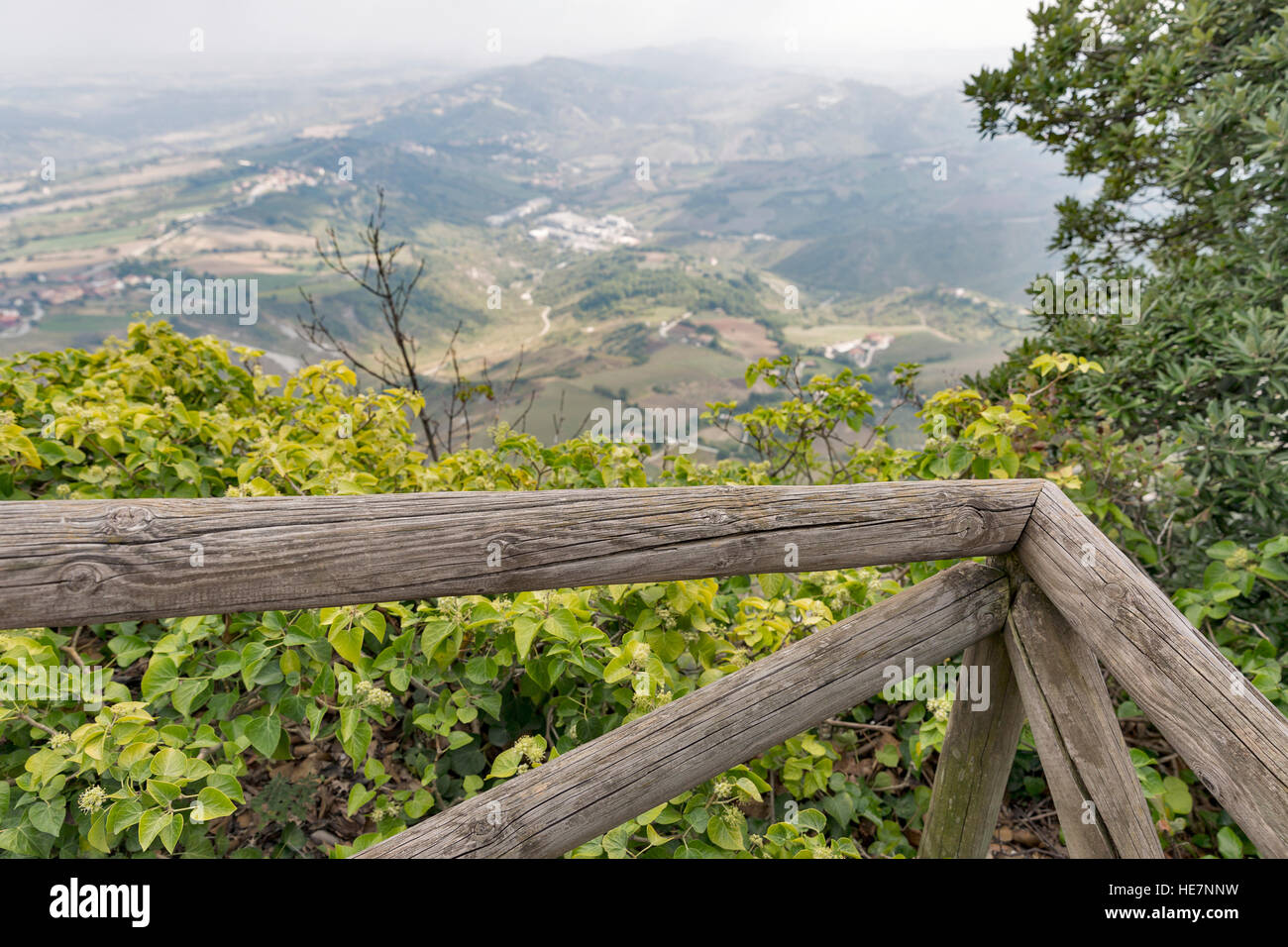 San Marino landscape view with wooden fence from mountain Titano Stock