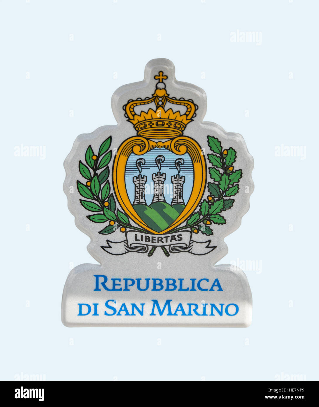 Republic of San Marino Coat of Arms from car vehicle registration plate isolated on white background. Stock Photo