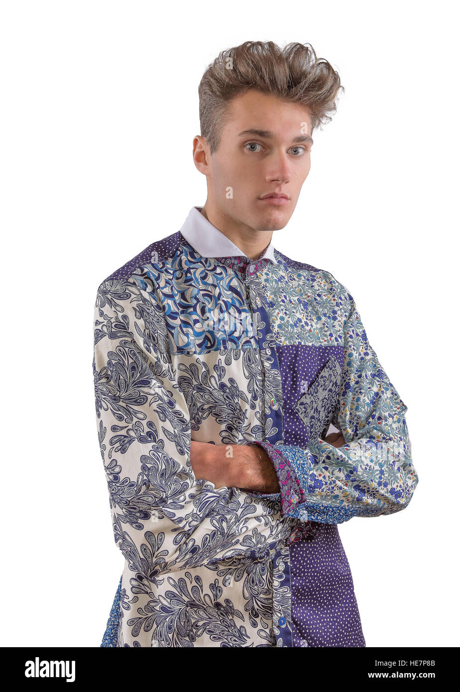 Stylish man dressed in a blue formal patterned shirt Stock Photo