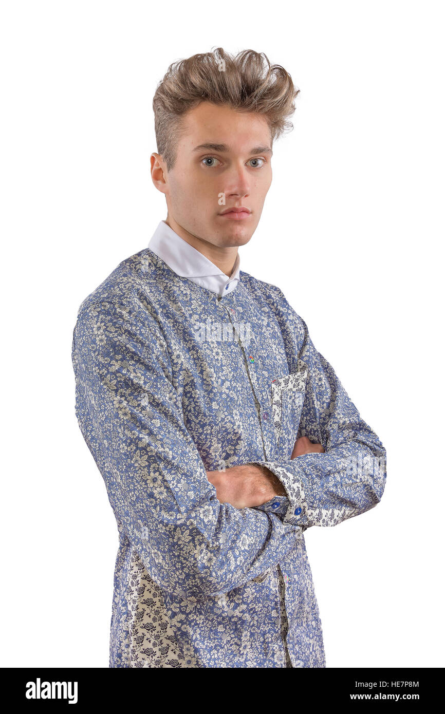 Stylish man dressed in a blue and white formal floral shirt Stock Photo