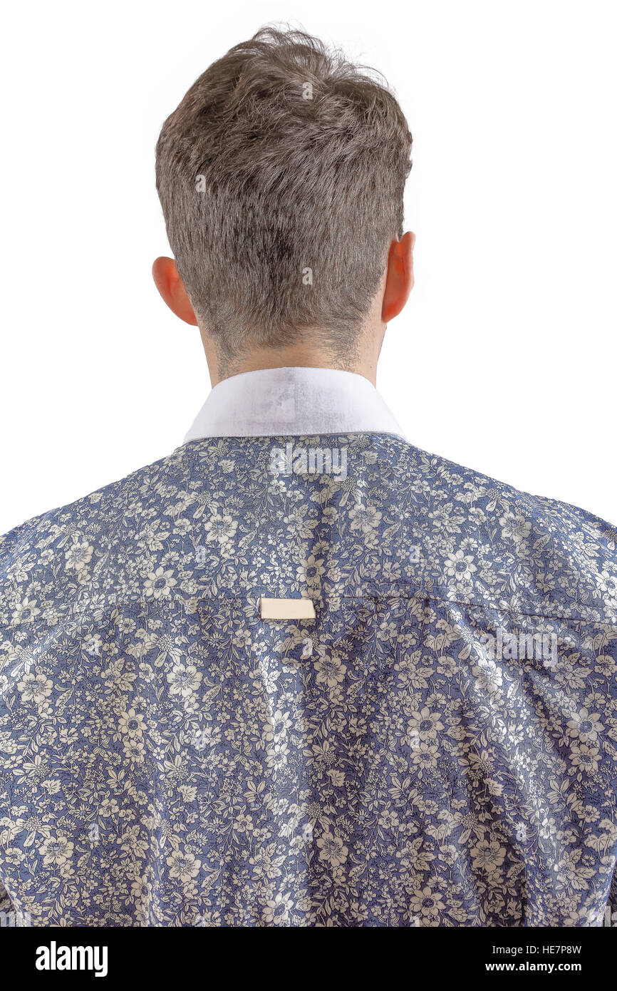 Stylish man dressed in a blue and white formal floral shirt, from back Stock Photo
