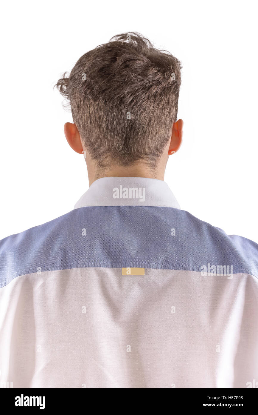 Stylish man dressed in a blue and white formal shirt, detail close-up from back Stock Photo