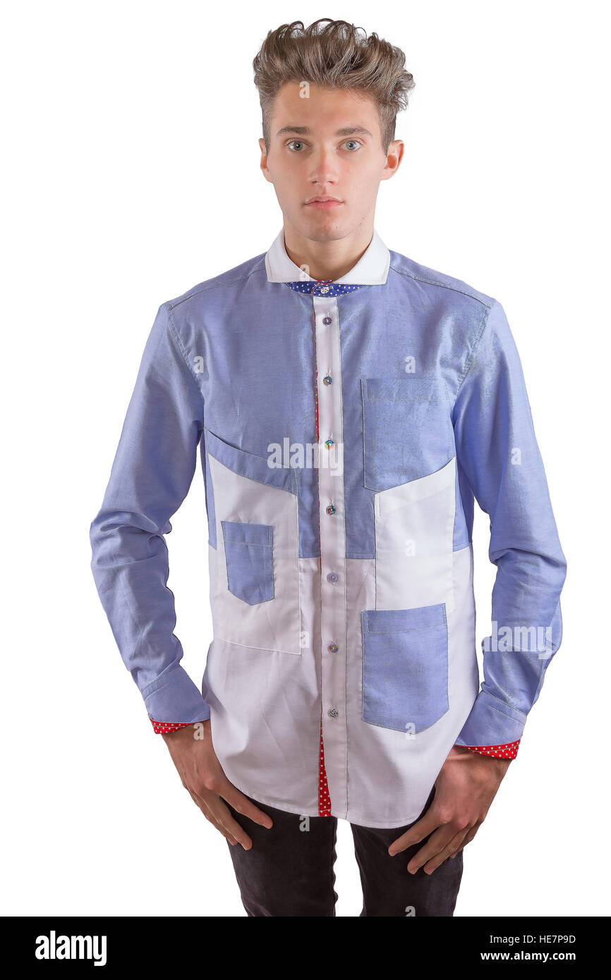Stylish man dressed in a blue and white formal shirt, with large panel pockets and polkadot cuff detailing Stock Photo