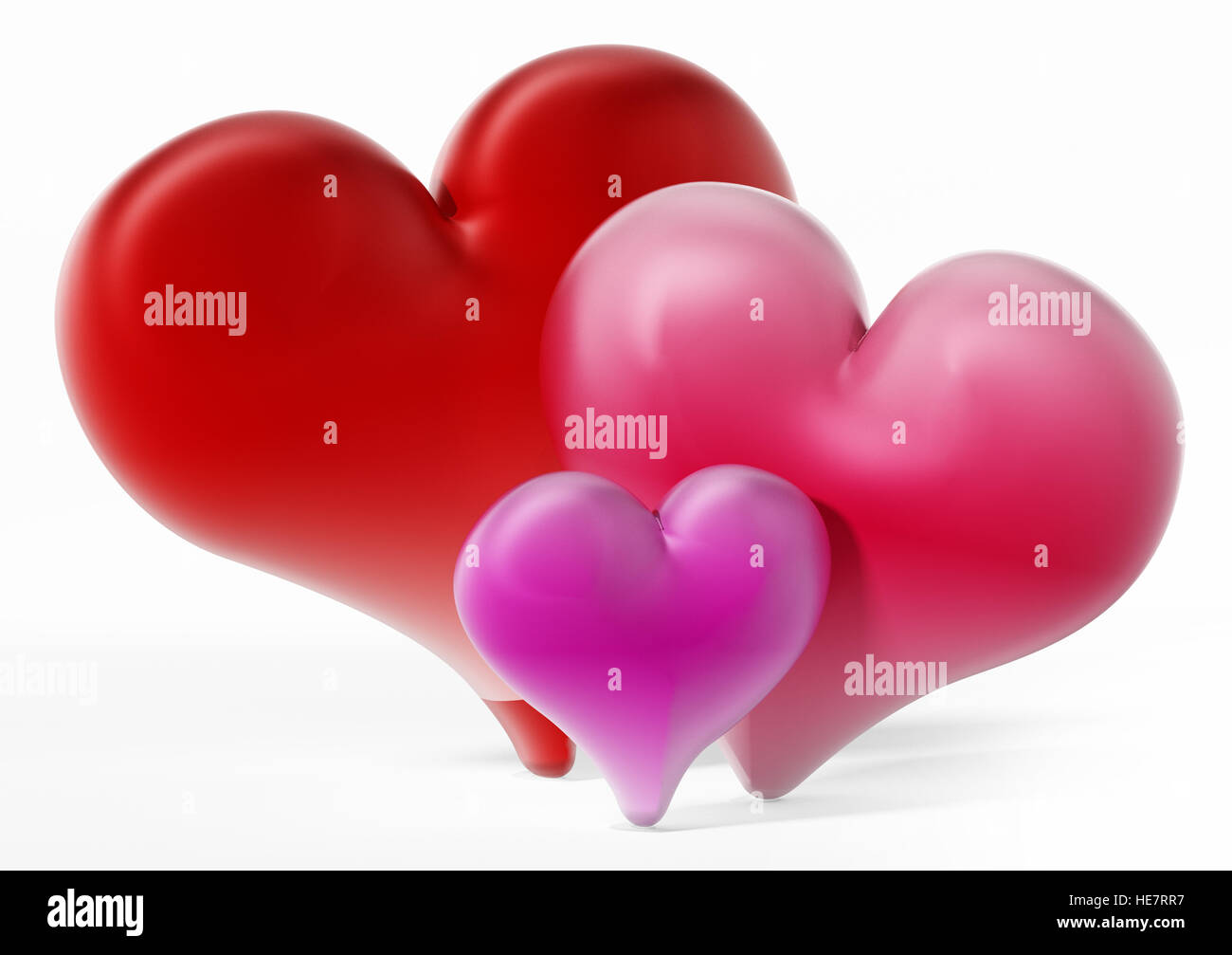 Red, pink and purple hearts isolated on white background.3D illustration. Stock Photo