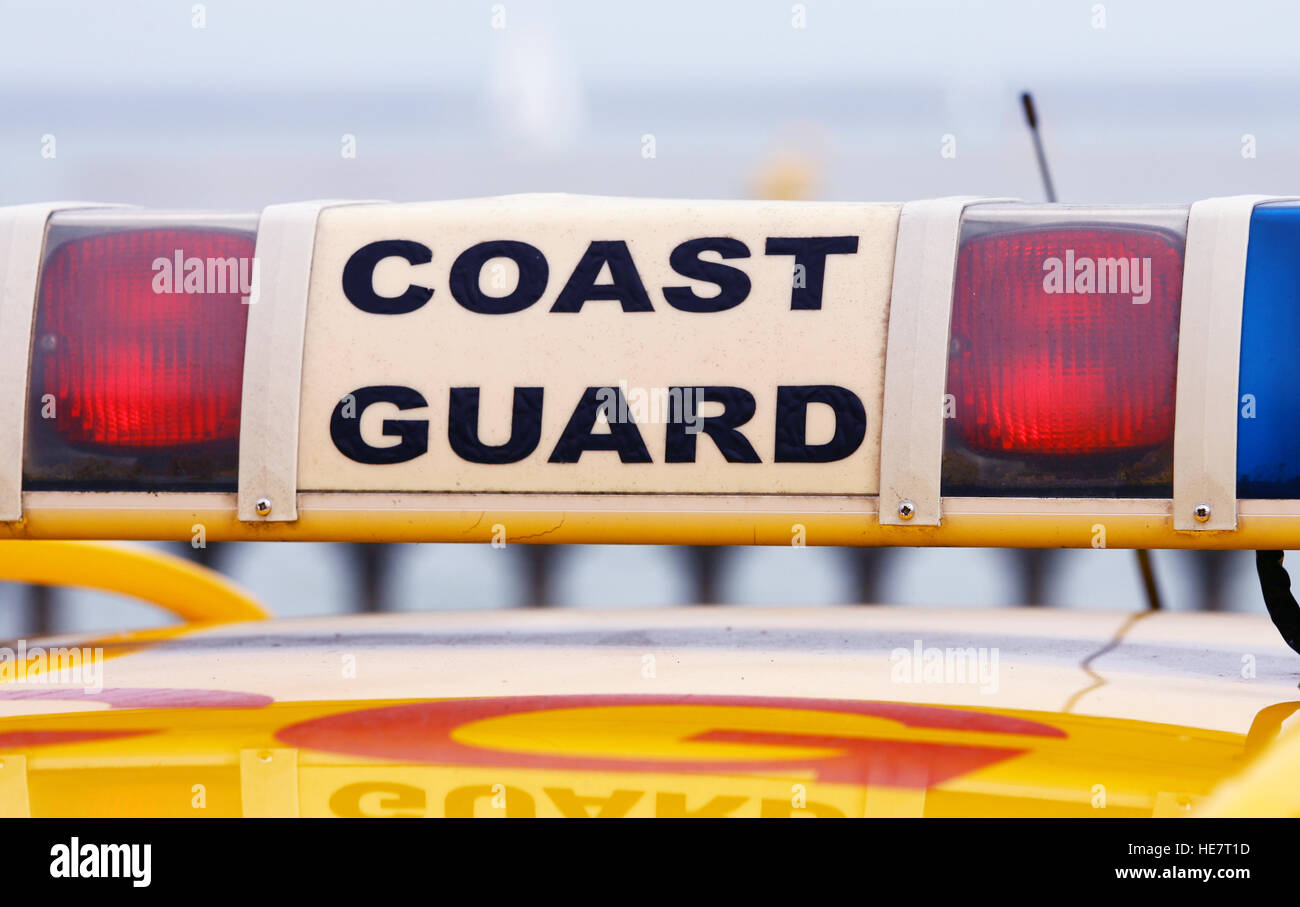 An uniluminated HM Coastguard vehicle roof bar that states 'COAST GUARD' Stock Photo