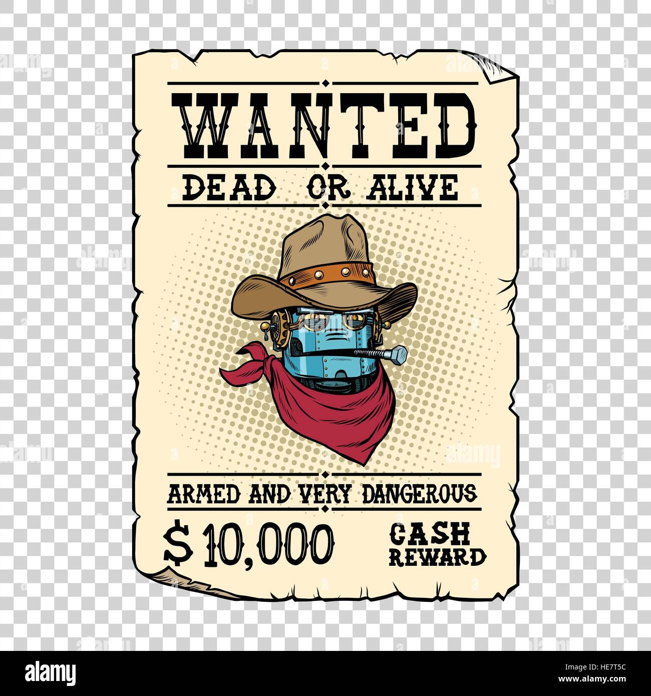 Steampunk robot cowboy wild West bandit alive or dead Stock Vector