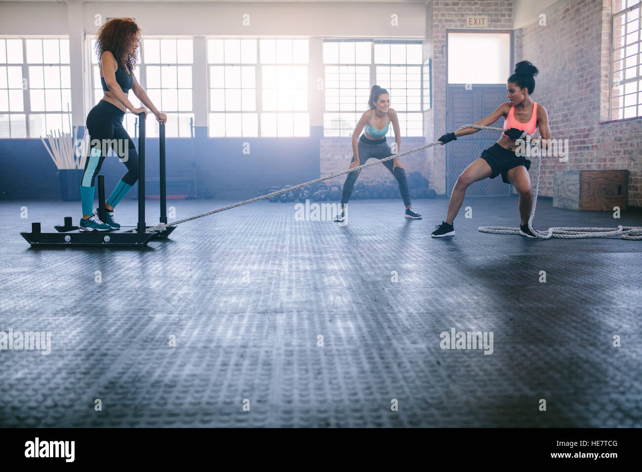Shot of woman standing on sled with other pulling in gym. Three young females doing physical training at healthclub. Stock Photo