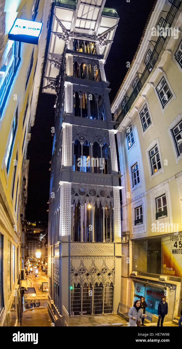 Vertical panorama of Gothic revival style Elevador de Santa Justa, lift by Raoul Mesnier du Ponsard, 1900-1902, Lisbon Portugal Stock Photo
