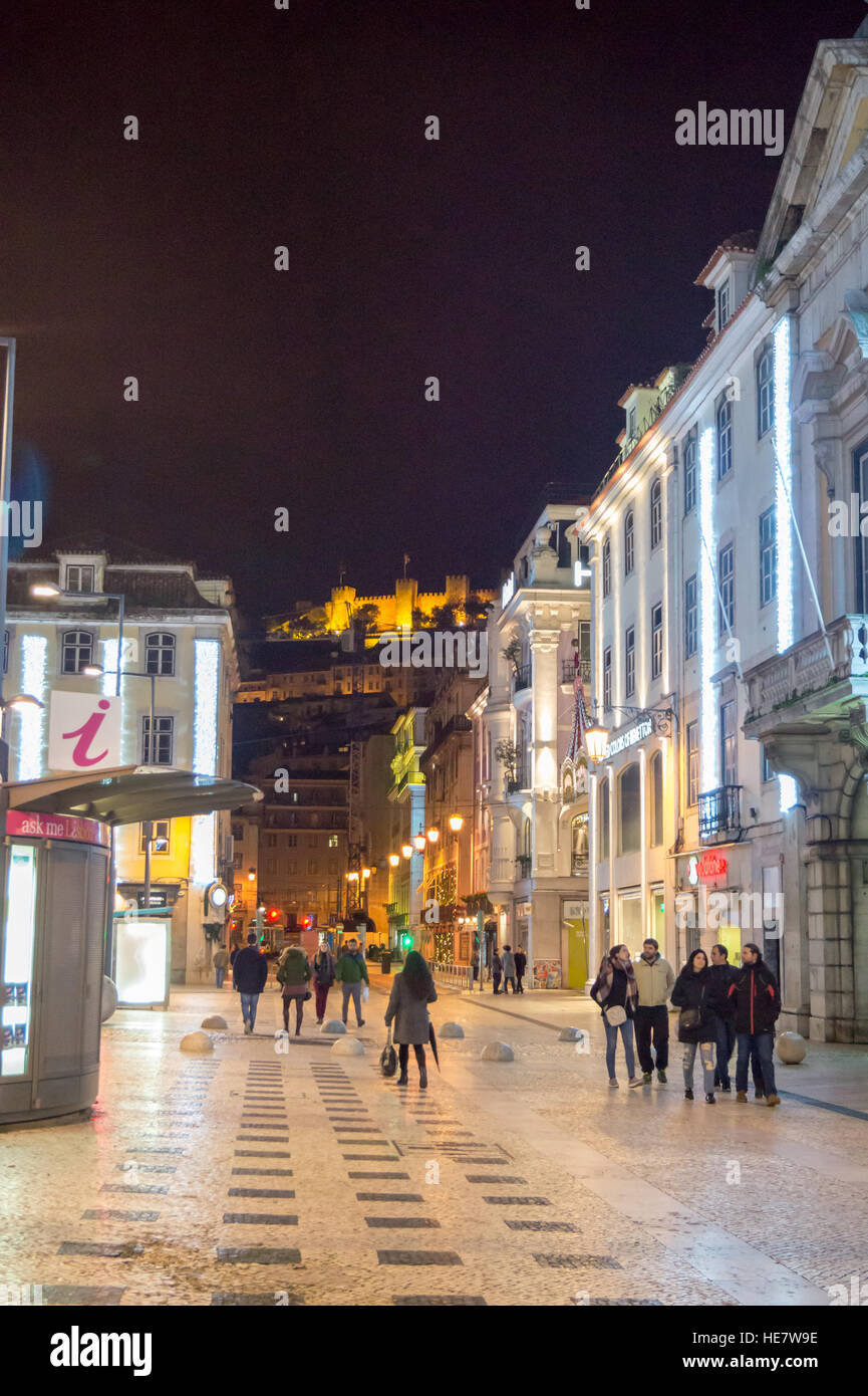 Christmas lights and Floodlit castle from Praça da Figueira, Lisbon