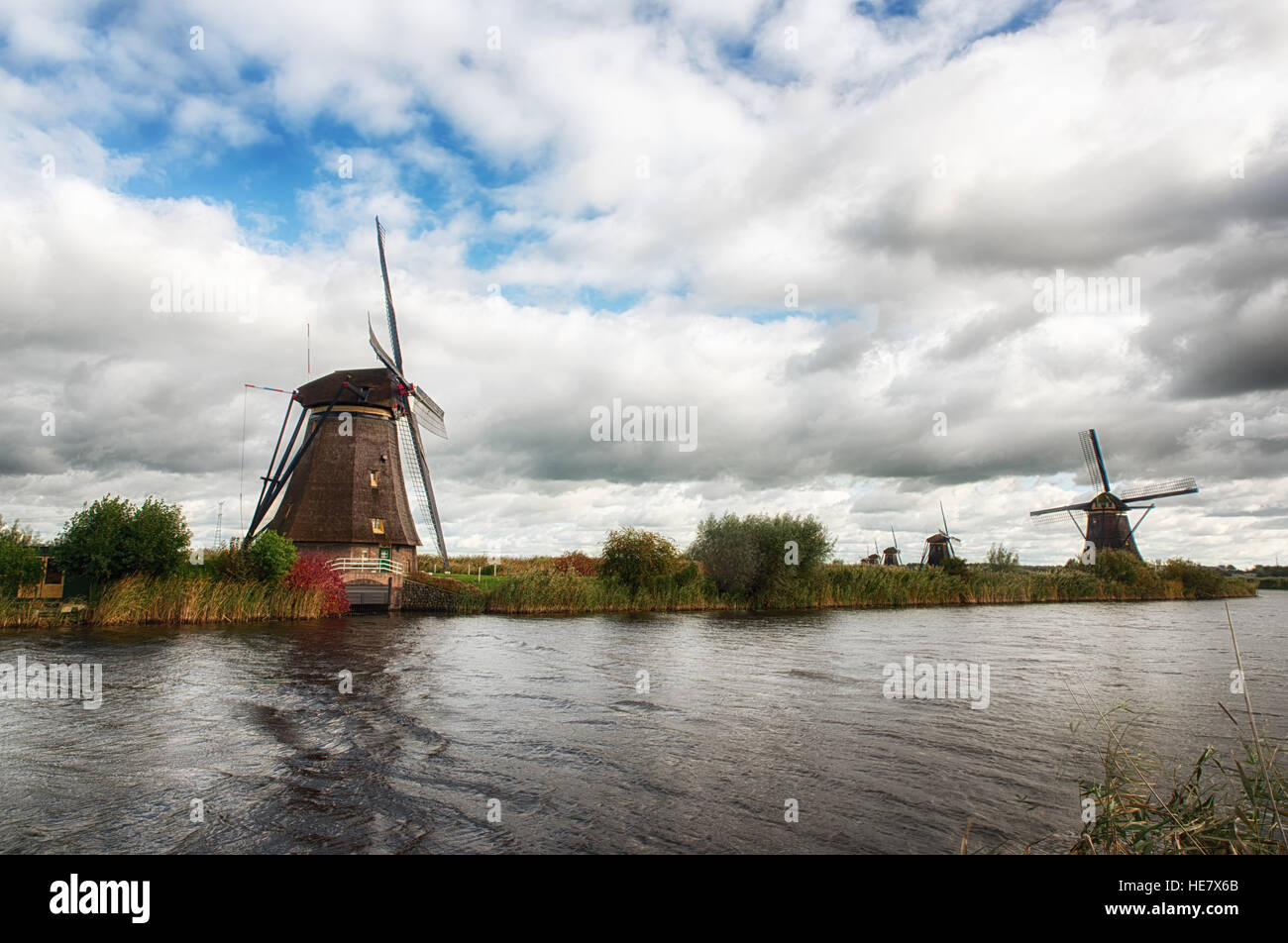 The dutch windmills at Kinderdijk, an UNESCO world heritage site. Stock Photo