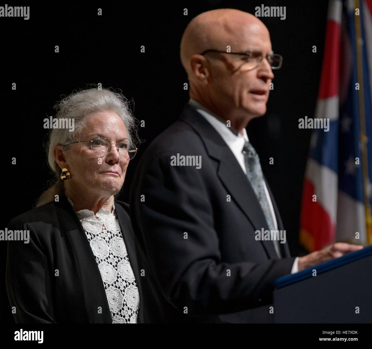 David Glenn, son of former astronaut and U.S. Senator John Glenn, speaks about his father, as his sister Lyn looks on during memorial service at Ohio State University December 17, 2016 in Columbus, Ohio. The former Marine pilot, Senator and first man to orbit the earth died last week at the age of 95. Stock Photo