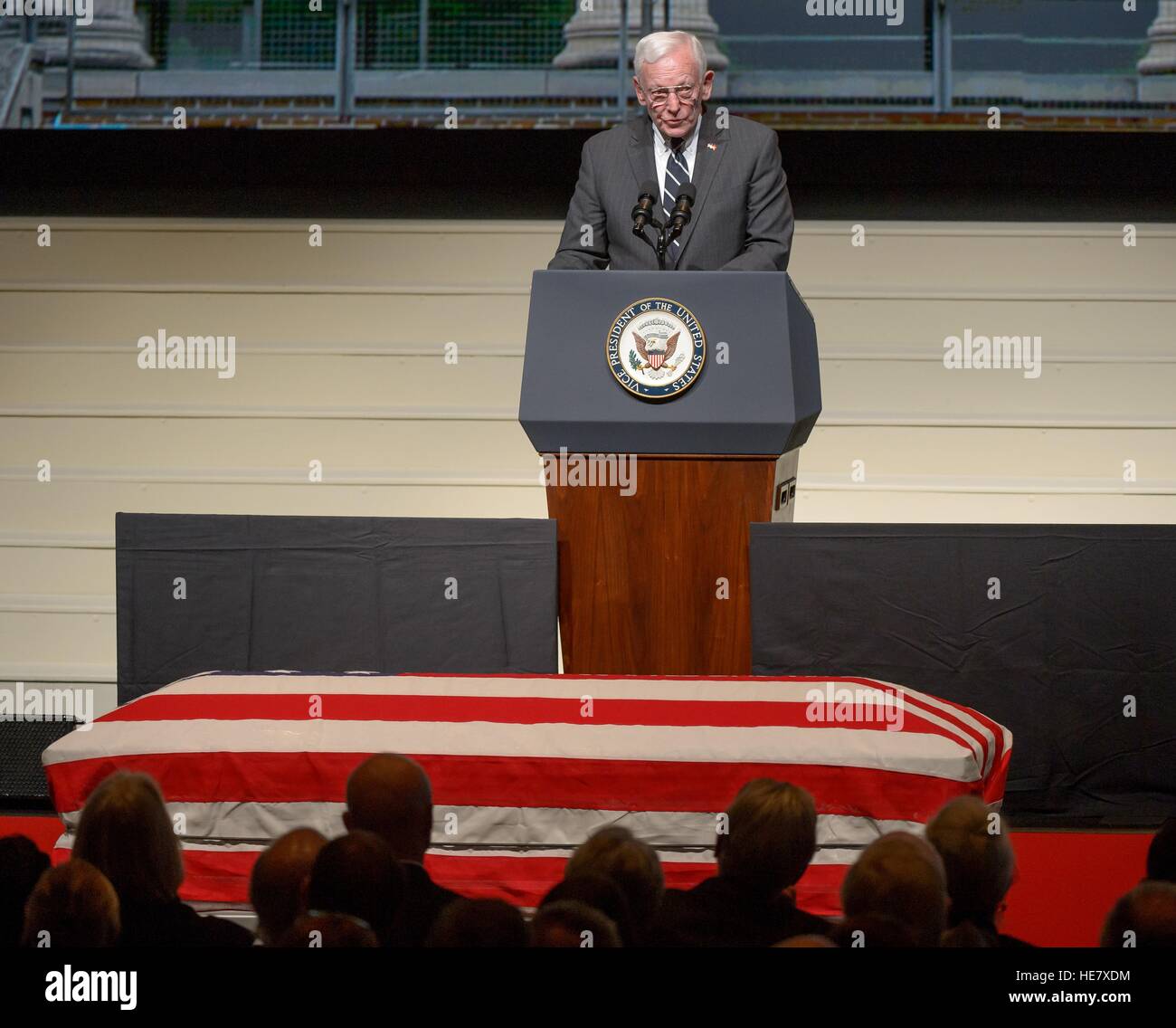 Director of the Smithsonian National Air and Space Museum Gen. Jack Dailey speaks during a service celebrating the life of former astronaut and U.S. Senator John Glenn during memorial service at Ohio State University December 17, 2016 in Columbus, Ohio. The former Marine pilot, Senator and first man to orbit the earth died last week at the age of 95. Stock Photo