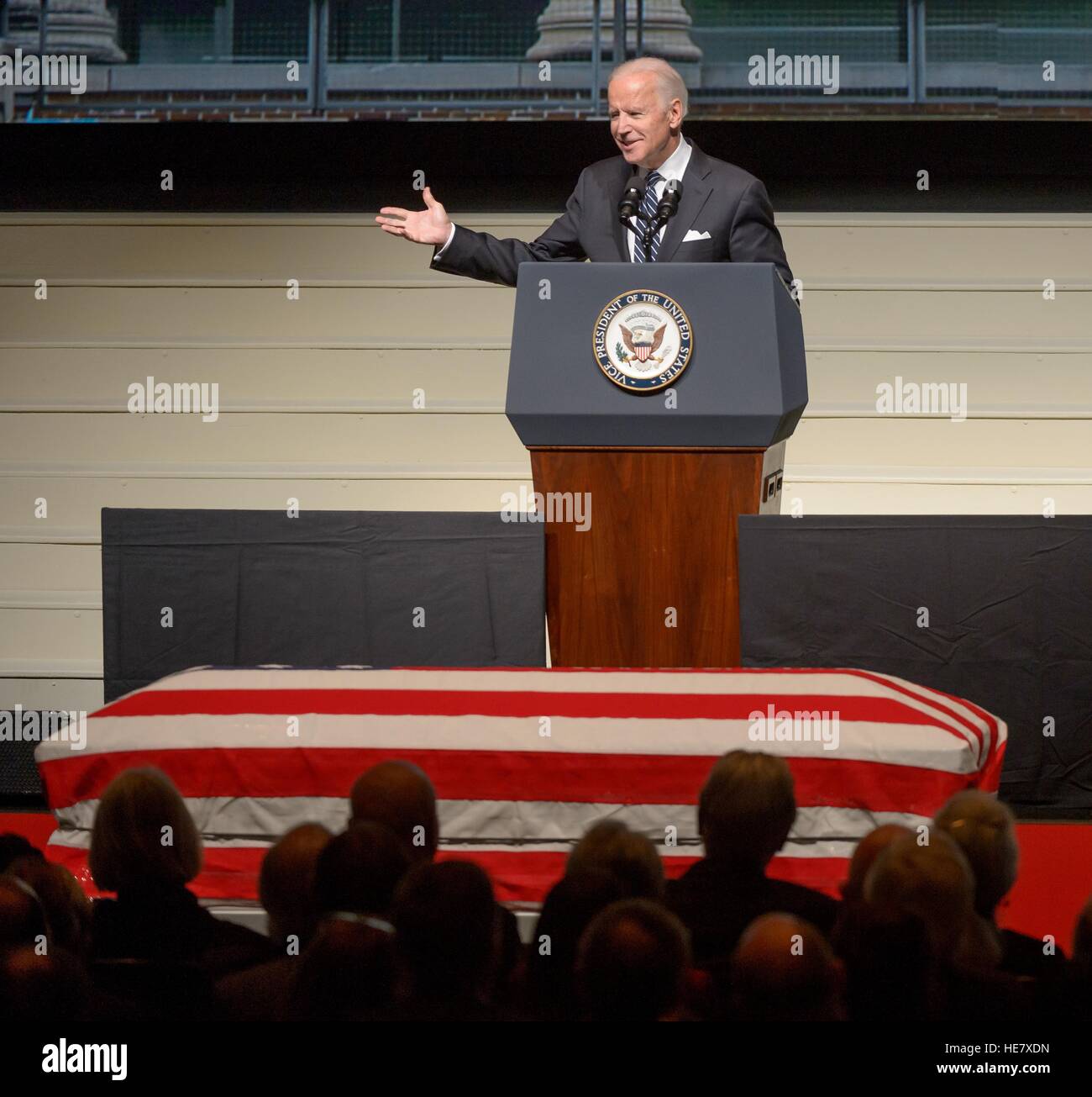 U.S. Vice President Joe Biden speaks during a service celebrating the life of former astronaut and U.S. Senator John Glenn during memorial service at Ohio State University December 17, 2016 in Columbus, Ohio. The former Marine pilot, Senator and first man to orbit the earth died last week at the age of 95. Stock Photo