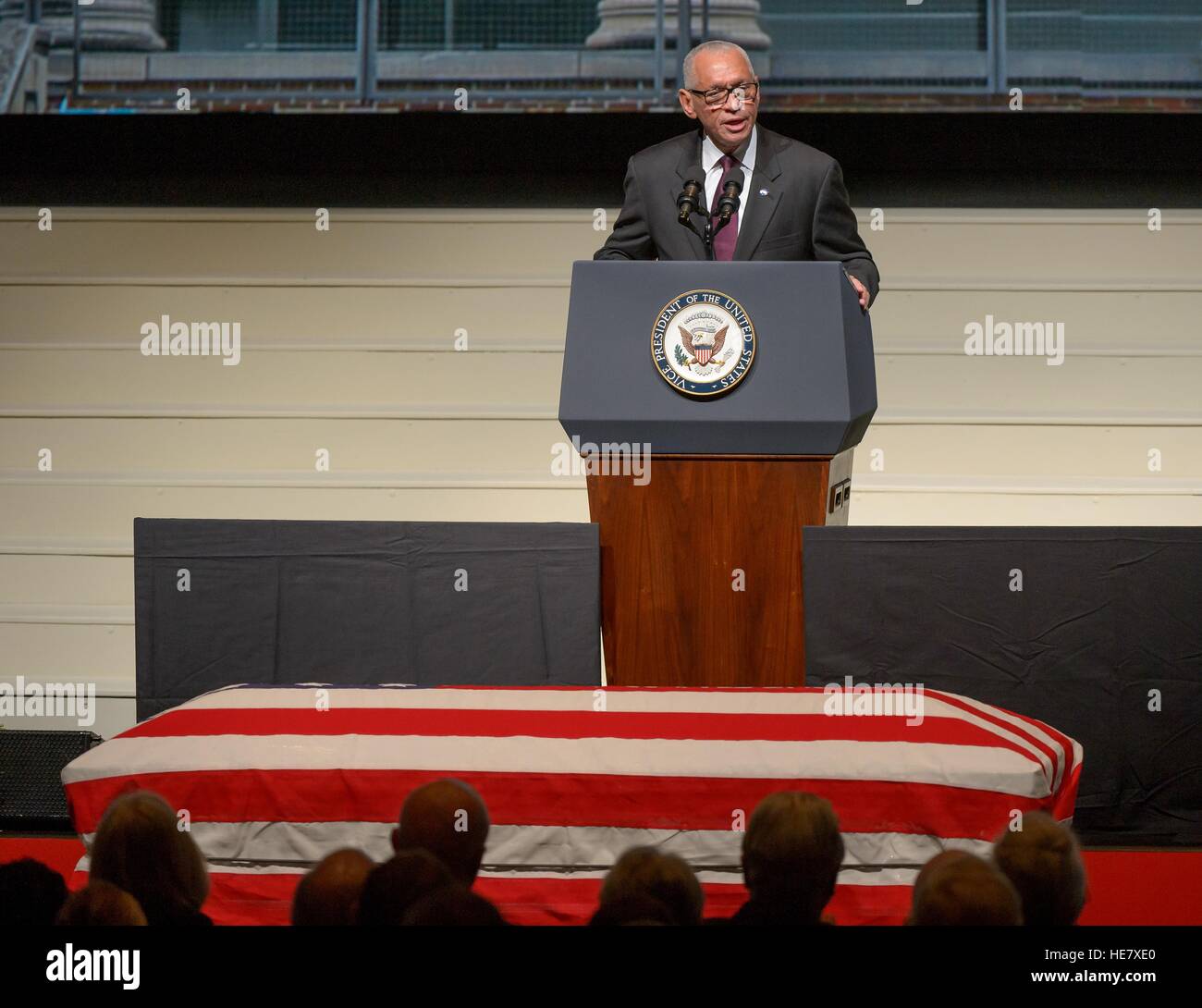 NASA Administrator Charles Bolden speaks during a service celebrating the life of former astronaut and U.S. Senator John Glenn during memorial service at Ohio State University December 17, 2016 in Columbus, Ohio. The former Marine pilot, Senator and first man to orbit the earth died last week at the age of 95. Stock Photo