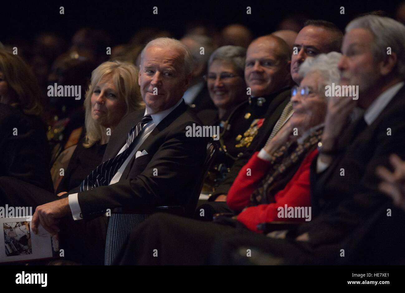 U.S Vice President Joe Biden smiles and looks at Annie Glenn, widow of former astronaut and Senator John Glenn, during a service during memorial service at Ohio State University December 17, 2016 in Columbus, Ohio. The former Marine pilot, Senator and first man to orbit the earth died last week at the age of 95. Stock Photo