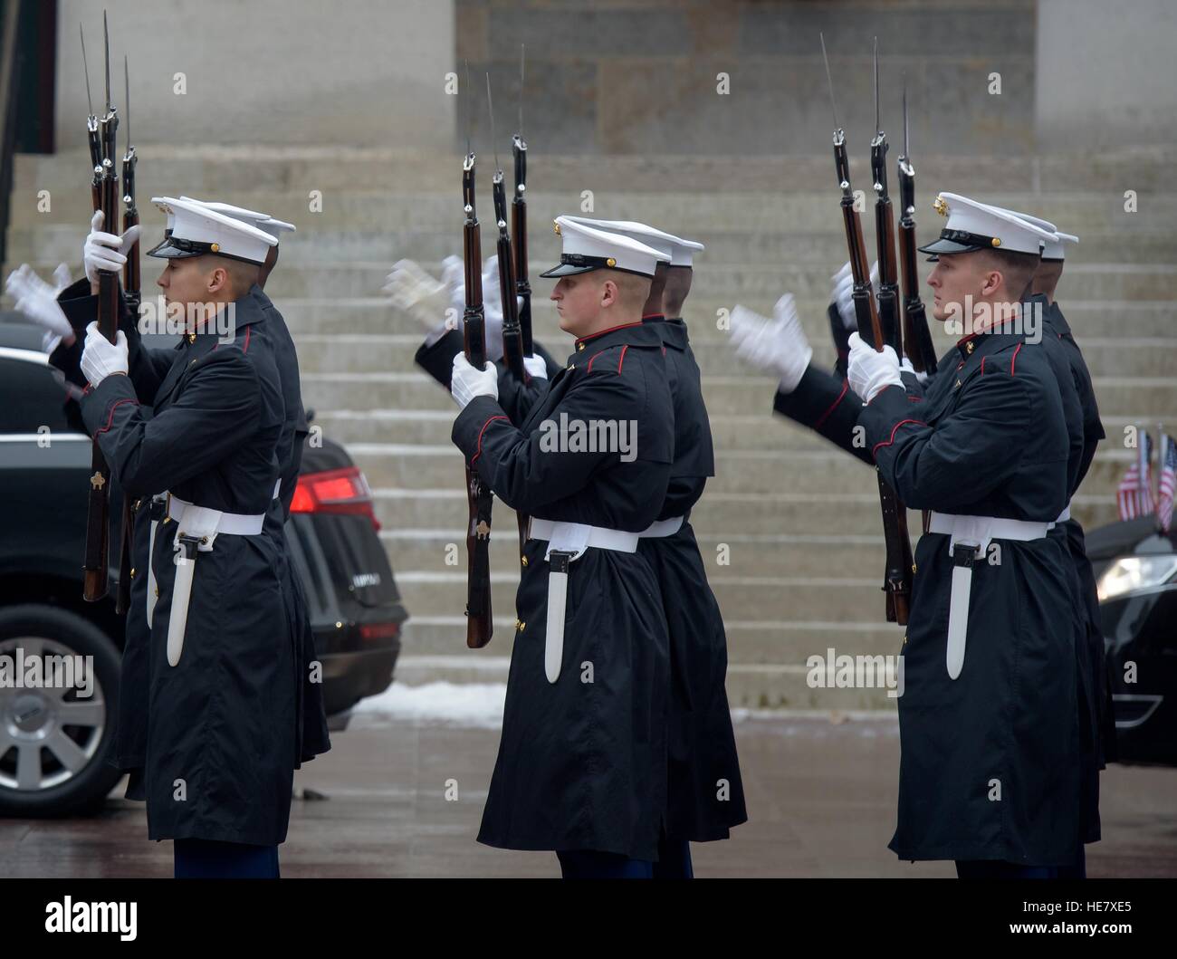 U.S. Marine Corps honor guard prepare to escort the casket of astronaut and former Senator John Glenn from the Ohio Statehouse during the funeral procession December 17, 2016 in Columbus, Ohio. The former Marine pilot, Senator and first man to orbit the earth died last week at the age of 95. Stock Photo