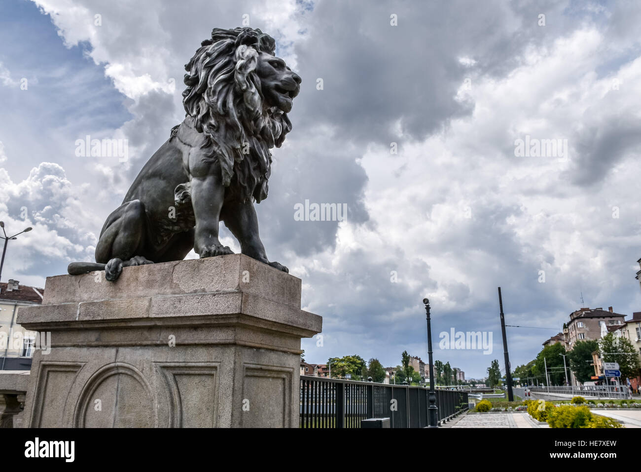 Lion statue on a cloudy day at Lion's Bridge in Sofia, Bulgaria Stock Photo