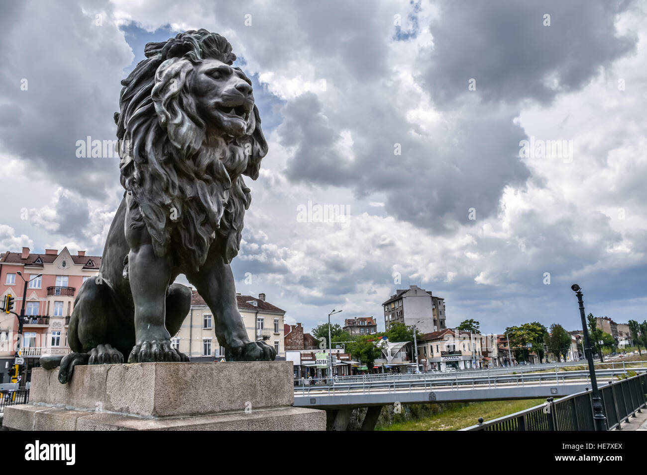 Lion statue on a cloudy day at Lion's Bridge in Sofia, Bulgaria Stock Photo