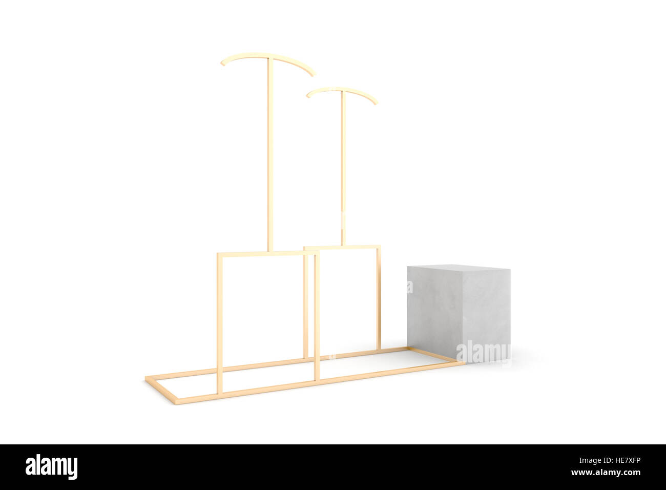 Blank luxury display made of golden plate steel and Carrara marble; 3d render original design, isolated on white Stock Photo