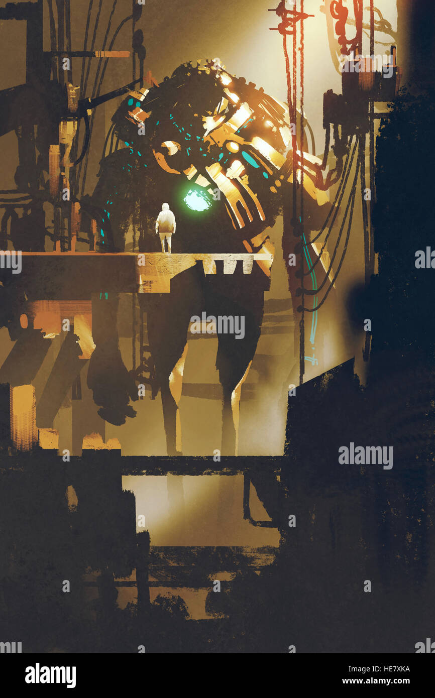 sci-fi scene of giant robot in old factory,illustration painting Stock Photo
