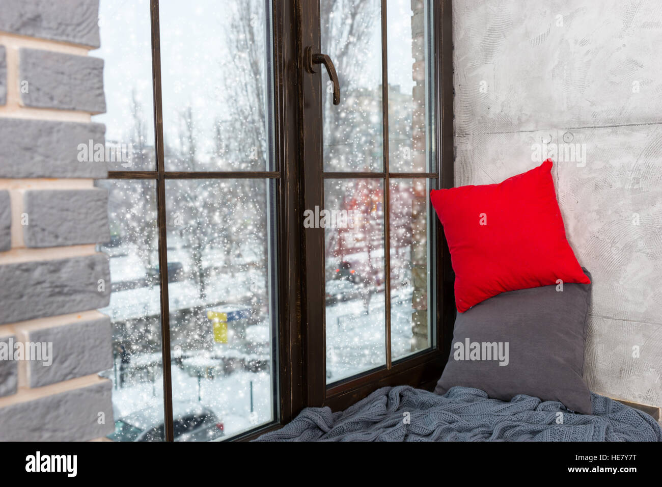 Window With Windowsill With Pillows And Blanket In The Bedroom In