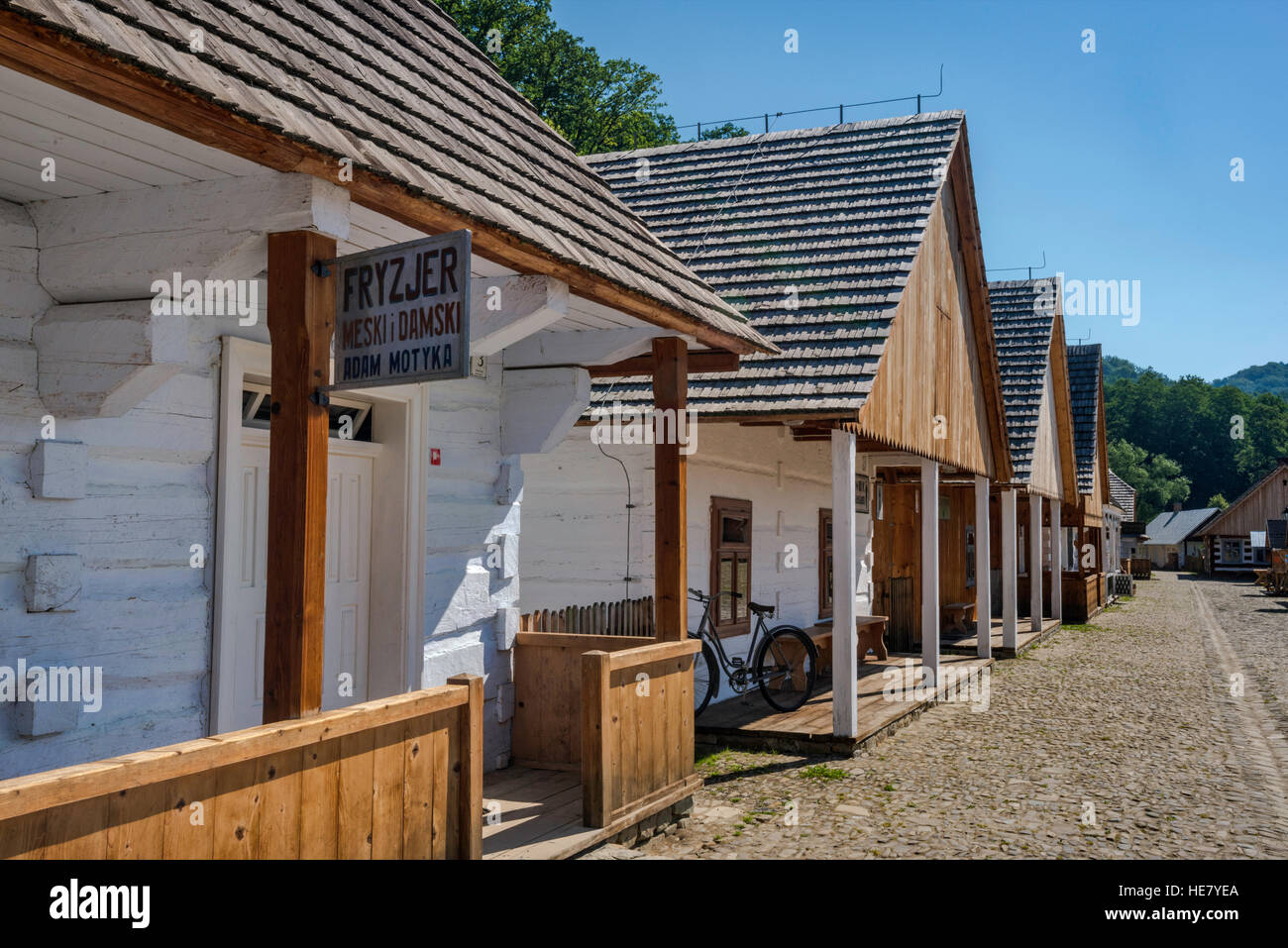 Houses around Galician town market square, Rural Architecture Museum in Sanok, Malopolska, Poland Stock Photo