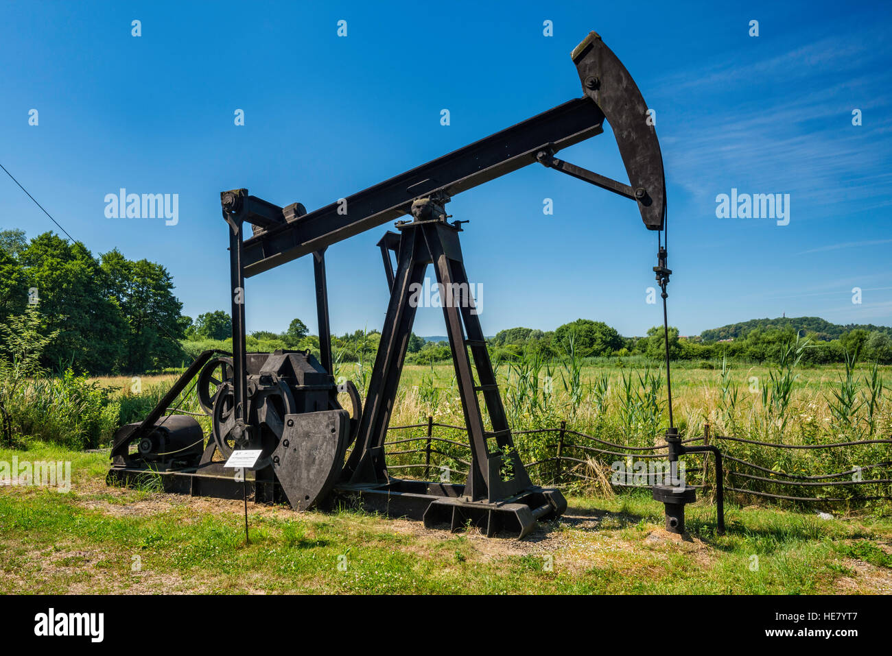 IZP 2000 oil well pump jack, used in Subcarpathian wells, oil industry exhibition at Rural Architecture Museum in Sanok, Poland Stock Photo